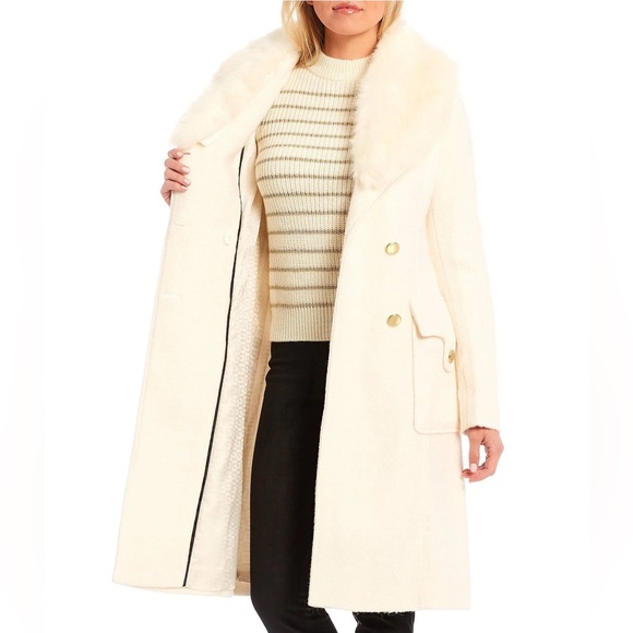 Guess Cream Colored Boucle Wool Double-Breasted Long Coat Faux Fur Shawl Collar - Picture 7 of 12